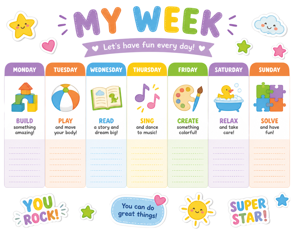 Ilustração de um calendário semanal colorido com atividades infantis
