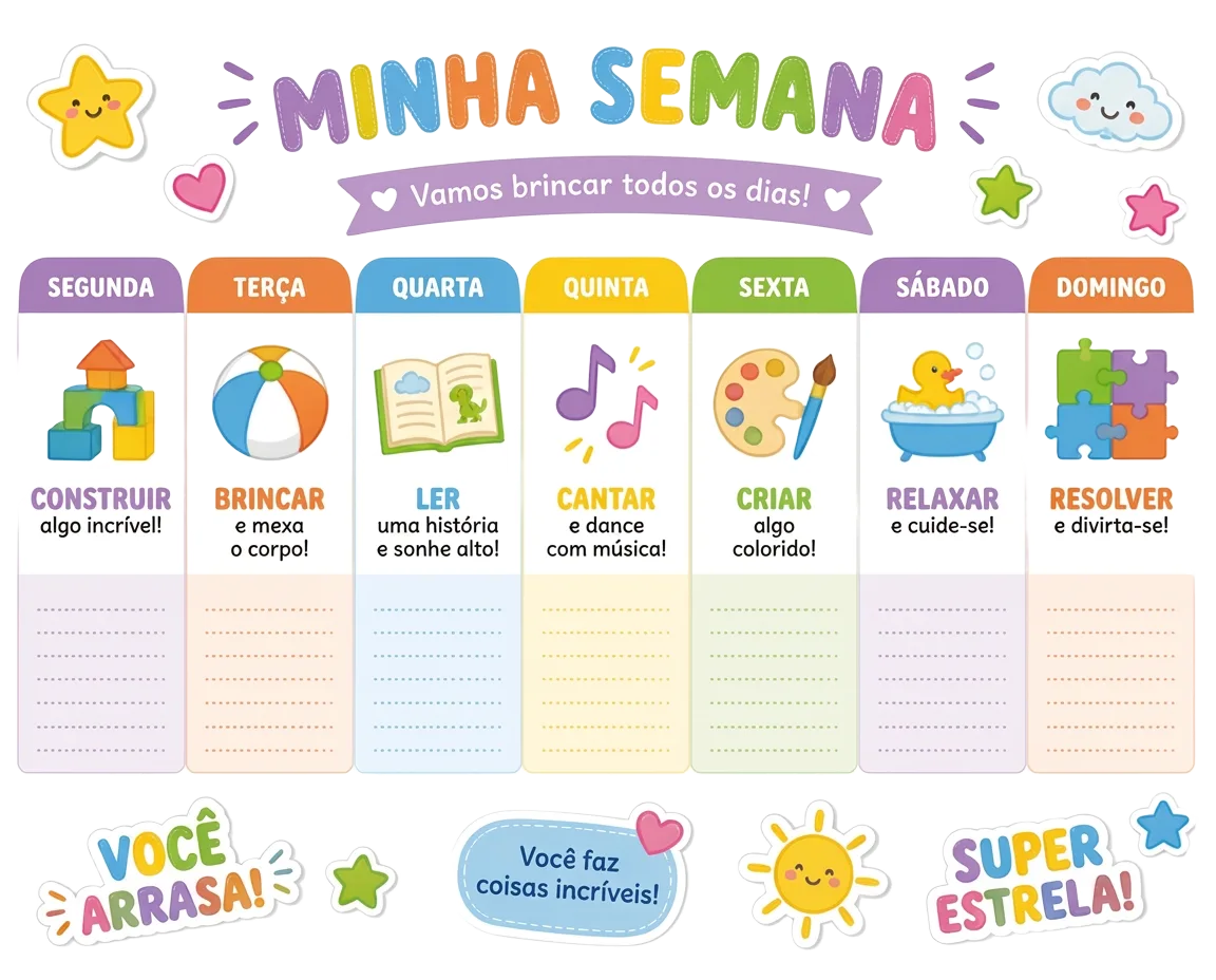 Ilustração de um calendário semanal colorido com atividades infantis