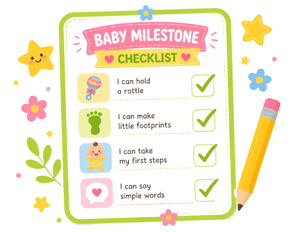 Ilustração de um checklist colorido dos marcos do desenvolvimento infantil