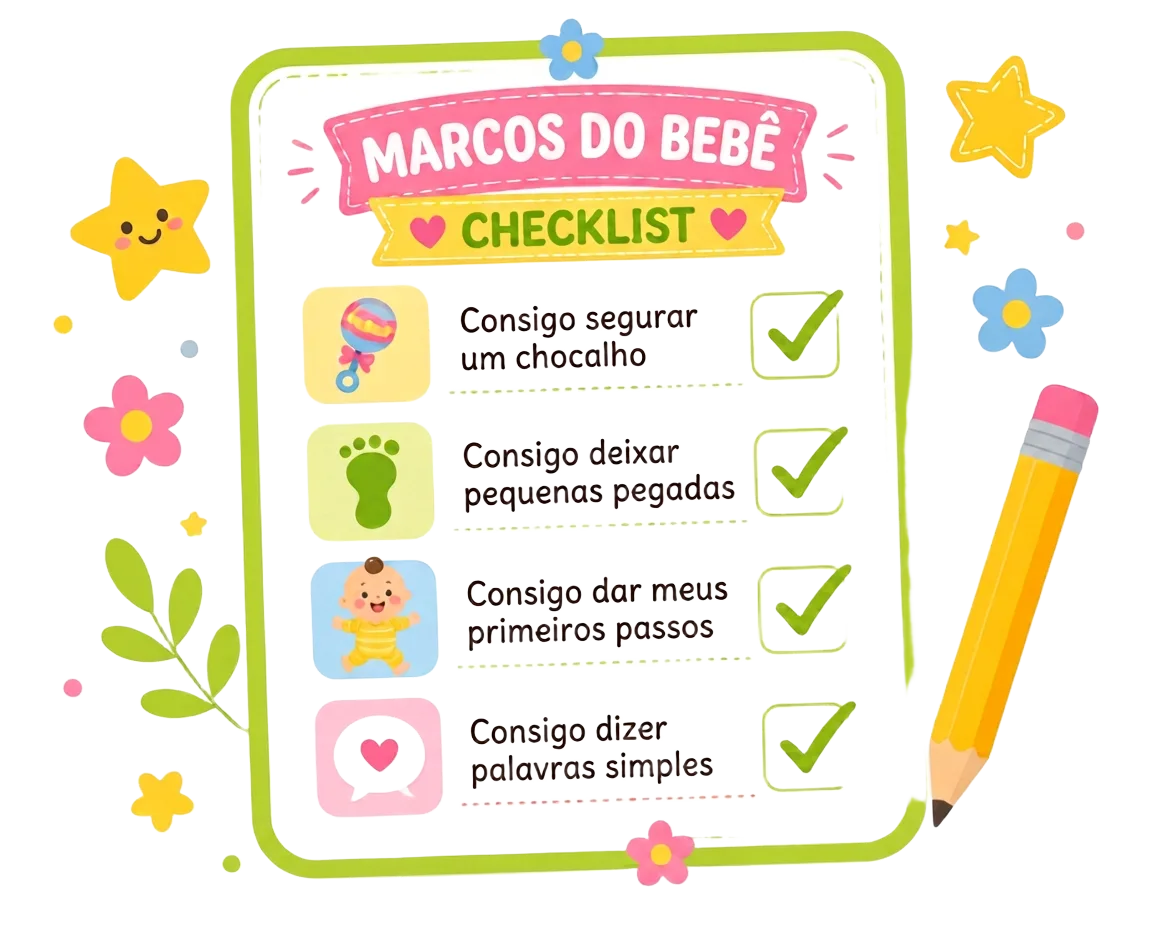 Ilustração de um checklist colorido dos marcos do desenvolvimento infantil
