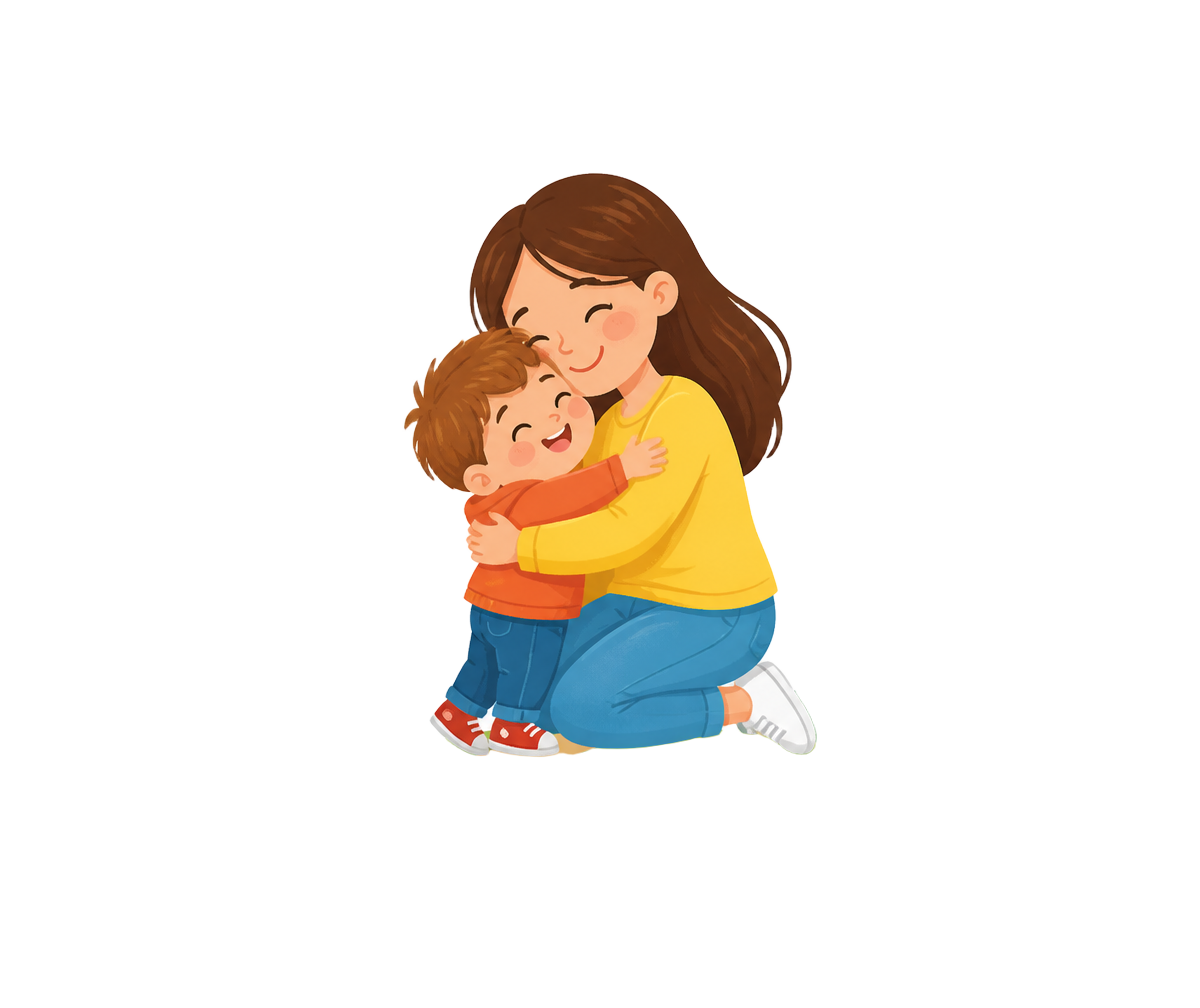 Criança abraçando a mãe ao final da trilha, comemorando a jornada