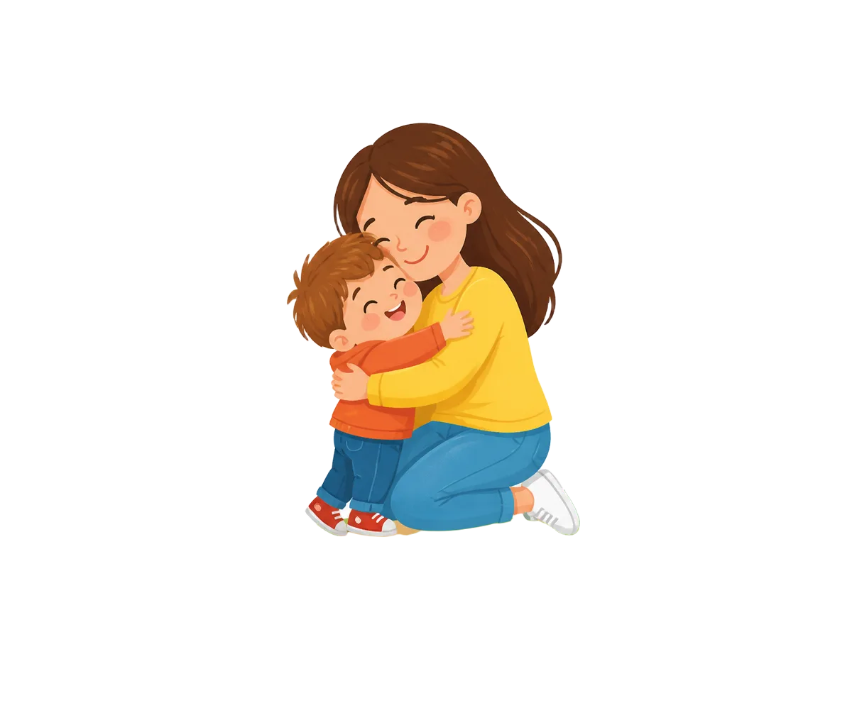 Criança abraçando a mãe ao final da trilha, comemorando a jornada