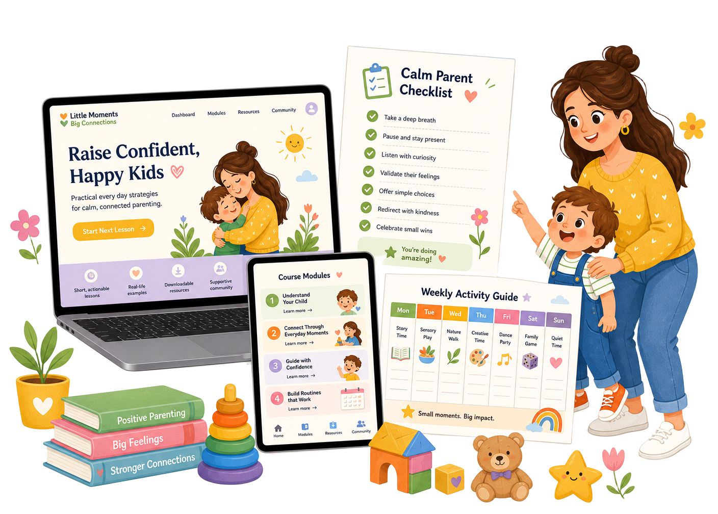 Composição do kit digital: curso Pais Informados Filhos Estimulados, checklist dos marcos do desenvolvimento e calendário semanal de atividades