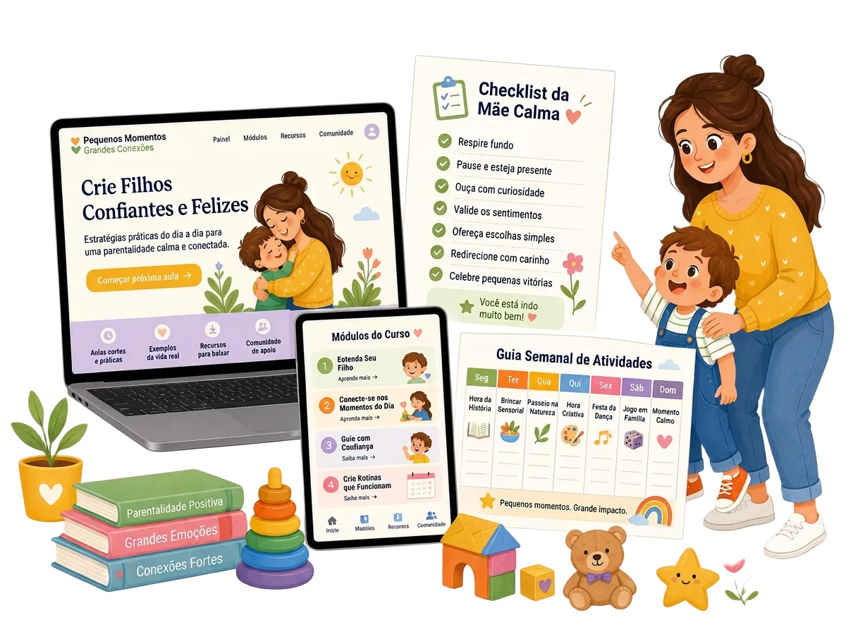 Composição do kit digital: curso Pais Informados Filhos Estimulados, checklist dos marcos do desenvolvimento e calendário semanal de atividades