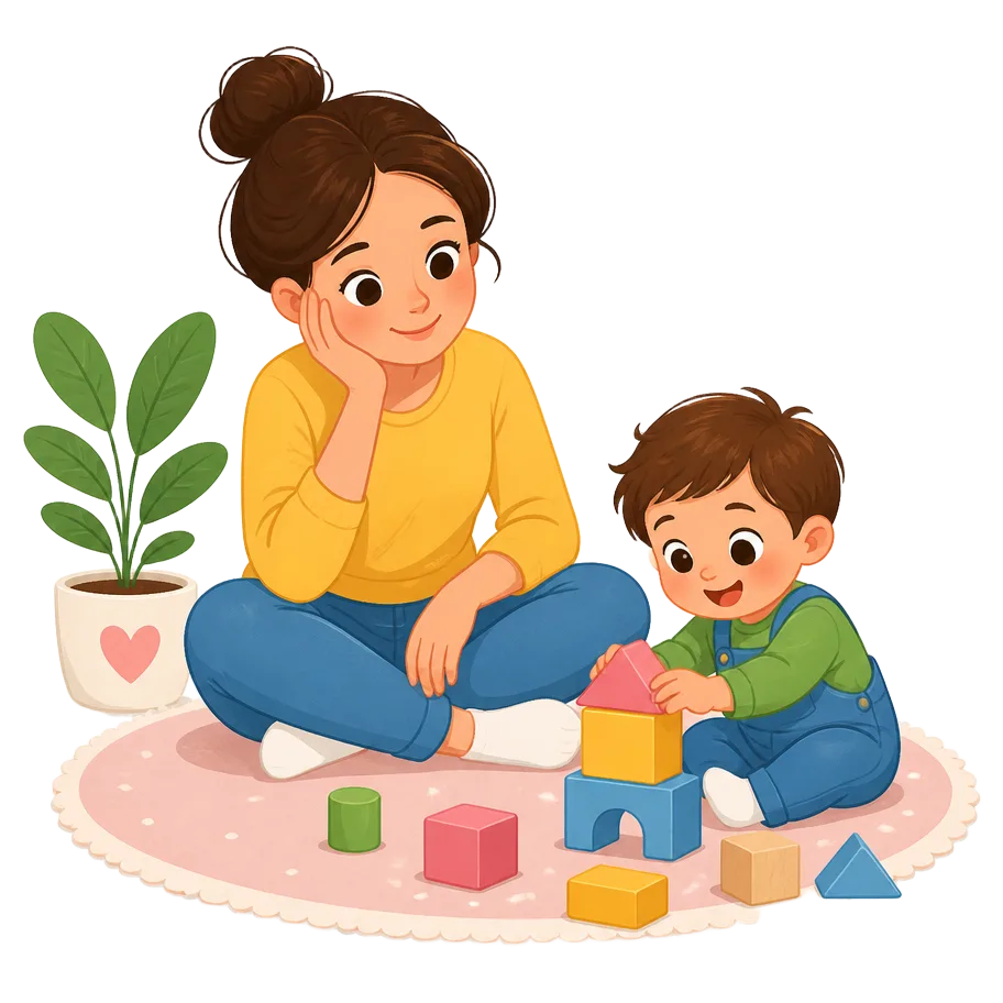 Mãe observando a criança brincando com blocos
